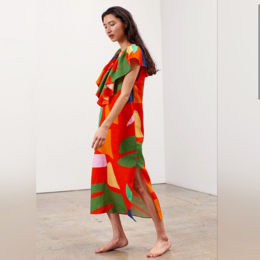 Mara Hoffman Julietta Colorful Linen Ruffle V-Neck Vacation Midi Dress - XS - Picture 4 of 7